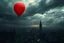 Placeholder: one red party balloon on sky over one little dark old city,, high realistic, storm, gloomy, surreal, ruins, professional photo, cinematic, utopistic