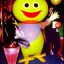 Placeholder: 1980s photo of new year's party alien with dancing happy bird