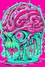 Placeholder: Vintage illustration of a slimy pink brain melting, cartoonist animation style, hand drawn, pastel color palette, gross art, pop punk, 90s anime inspired, airbrushing, post modern, horror cut, gradient chrome abberations, retro weird drawings, alien brain matter, blood spatter , scifi punk