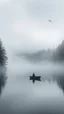 Placeholder: A mysterious man in black standing by the foggy lake black vein, human veins, mixing together a lot of them, like a forest, big and small veins a lot of them. A mist, show a small boat in a man in dark is coming in dark foggy distance
