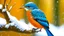 Placeholder: A kingfisher bird with vibrant blue and orange plumage perched on a snow-covered branch against a orange background