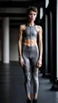 Placeholder: photography of a beautiful anorexic woman, grey satin triathlon top, brunette wavy pixie haircut, pronounced sternum, flat chest, grey satin cycling leggins