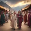 Placeholder: Hyper Realistic Photographic-Low-view of some-Pashto-Young-Women happily walking in a Traditional-Pakistani-Market-with-lots-of-people-with-cloths-hanging & beautiful-Mountains-&-cloudy-sunset-behind with dramatic & cinematic ambiance