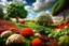 Placeholder: lifelike photography, vegetable and fruit landscape, broccoli forest, chive field, cauliflower sheep, orange sun, whipped milk clouds, raspberry flowers, cheese barn and haystack in sunshine, surrealistic