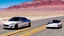 Placeholder: A Tesla's 'Model S Plaid' is racing at top speed, by the 'Lake Mead', in Nevada. CINEMATIC. WIDE ANGLE LENS.