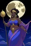 Placeholder: an anime drawing of an 40 year old black woman. she had dark hair in box-braids and a royal headdress. she is wearing a purple moon-themed african zulu gown. she is plus sized. she has a royal scepter.