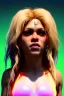 Placeholder: portrait, Shakira, blonde artist, angry, Realistic image, latex style dress. Skewers, loose long hair, eyes make up, perfect, glow, circle iris. Neon colors, leds, geometric shapes. Dark background, photo studio, neon lights. Cyberpunk, concept art, smooth, unreal engine 5, god lights, ray tracing, RTX, lumen lighting, ultra detail, volumetric lighting, 3d, finely drawn, high definition, 4k.