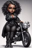 Placeholder: Create an airbrush image of a chibi curvy black female wearing a biker's coat and boots with black tights. Prominent make up with hazel eyes. She is sitting on a big Harley Davidson motorcycle at a bike show.