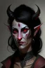 Placeholder: A kind looking tiefling woman in her 40s. She is motherly, with black hair and red eyes. She has scars and wears black