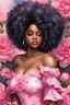 Placeholder: Create an watercolor image of a curvy black female wearing a pink off the shoulder blouse and she is looking down with Prominent makeup. Highly detailed tightly curly black afro. Background of large pink and black flowers surrounding her