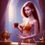 Placeholder: fantasy art, book cover, sexy staring woman enjoying tea by the mirror