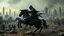 Placeholder: cyberpunk interpretation of Bruegel's "The Triumph of Death", capturing the symbolic "harvest" of humanity. this is terror. A dystopian metropolis under smog sky, where cybernetic soliders reapers are executing physical harvest and many of humans citizens killed army of cyberwarrior androids and robots, panicking running people, many bodies lying on the ground. a cyber-death warrior in black hood with futuristic gun on a robot horse, thriller, detailed, cinematic