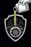 Placeholder: inside a parks shield shape, front of a car engine icon with fan and belts, with a 1litre oil bottle above pouring oil into oil hole of the engine, vector illustration