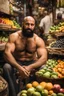 Placeholder: half figure photography of a burly beefy muscular strong 39-year-old arab in Istanbul bazaar, ajar mouth, shirtless, short beard, bald, selling fruits sitting on an old chair, biig shoulders, bulge, manly chest, very hairy, side light, view from the ground