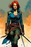 Placeholder: create an imaginative full body print illustration of an ethereal, otherworldly , female grandmaster Witcher with short cropped auburn hair in a tattered battle worn leather brigandine and boots , in the comic book art style of Bill Sienkiewicz, Mike Mignola, and Jean Giraud Moebius, with highly detailed feminine facial features , finely drawn, colored and inked,