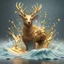 Placeholder: 3d monster deer clay style, water splashing of monster out from liquid effect, gold colours, dominating the wave, fully magical forest in the middle, splashes around