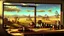 Placeholder: in a steampunk artistic style, a view of an australian sunny peaceful landscape outside kitchen window