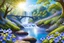 Placeholder: Magic forest with parma periwinkle flowers, parma or blue light effects colors, sun, realistic, high contrast, river with vinca flowers along, bridge, waterfall in background, 8k, high definition, concept art, sharp focus