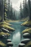 Placeholder: Draw me a lake with a spruce forest with mossy stones