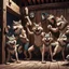 Placeholder: A group of anthropomorphic wolves react in surprise as one large hammer flies in the air against the wall of the wooden building. in the background other anthropomorphic wolves watch the scene unfold with expressions of shock and with surprise faces. one young anthropomorphic wolf in bodyhair stands in the foreground held up empty two paws, high realistic, detailed,dark fantasy mood, rain, cinematic
