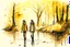 Placeholder: young brunette woman and boy friends walking next to a pond in an autumn forest watercolor and ink in ochre, golden glitters