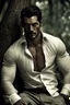 Placeholder: Portait David Gandy as fantasy alpha male very muscular short cropped hair and rough beard, tribal tattoos wearing white button up shirt with rolled up sleeves realistic face, close-up, dark fantasy, fantasy forest, intricate details, hyper detailed, photograph