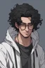 Placeholder: A 27-year-old young gentle man,realistic, with curly black hair, a thick chin, and wearing glasses, black clothes, hoodi, cry,cyberpunk, smart face, Confident smile, with fire powers