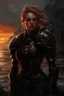 Placeholder: A formidable warrior girl in black armor, on the background Amazing gloomy landscape, flooded with sunset, mountains, trees, fabulous scary hero, , juicy emotions, painting, dark fantasy, gloomy day, dark world, portrait, by James Paick & Anna Razumovskaya