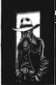 Placeholder: western styled man with hat (wide and flat brim and a flat top) shading face, wearing a gas-mask, leaning in a doorway, vignette, black and white graphic novel style with a red outline on black background, gothic horror