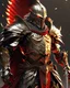 Placeholder: silver and gold armor with glowing red eyes, and a ghostly red flowing cape, crimson trim flows throughout the armor, the helmet is fully covering the face, black and red spikes erupt from the shoulder pads, crimson and gold angel like wings are erupting from the back, crimson hair coming out the helmet, spikes erupting from the shoulder pads and gauntlets
