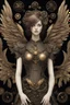 Placeholder: From above, steampunk delicate metal woman, wings, black background