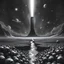 Placeholder: A detailed, black and white digital painting of a desolate, otherworldly landscape. In the center of the image is a monolith piercing the dark sky, surrounded by a vast, skull-filled plain, with a river of darkness flowing towards it. The sky is filled with countless stars and planets, and a beam of light shines down from above, illuminating the scene.