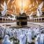 Placeholder: The scene in Mecca: People wearing white Ihram clothes, men without head coverings, women with veils, circumambulating around the Kaaba, and above them are transparent white spirits of children, men, and women with wings revolving around the Kaaba.