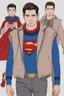 Placeholder: A guy on a fashion runway with Superman invernal clothes style embroidery without cape