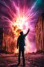 Placeholder: Young man standing, with arms raised, in front of a building that is exploding at night, with coloured auras and lightning around him