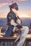 Placeholder: Xiao from Genshin Impact, highly detailed, intricate background, sitting on rooftop, contemplative