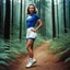 Placeholder: [color photo by Helmut Newton] 1950s photorealistic youthful Sophia Lauren wearing a blue and white spandex short and boots for workout in the forest