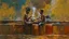 Placeholder: minimalist acrylic impasto painting of two skinny tall young black Somali neighbors sitting on rusty oil barrels drinking steaming coffee, wide angle, dynamic crude brush strokes, dusty yellow heat mood, peaceful vibe, tribal vibe, amazing reflections, amazing verticals, great parallels, warm shades of yellow, orange, green and black with sparse deep red leaks, afrofuturism, vibrant nighthawk people on a black wall, rusty village decay, arafed doors