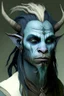 Placeholder: A tieffelin with blue skin and white Dreadlock hair. His pupil-less eyes are green. He wears a small beard. His horns are black and curved backwards. He wears a beige tunic.