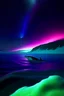 Placeholder: A unique photo of the sea and a whale in the northern lights in a violet-blue shade