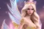 Placeholder: smiling, beautiful, soft,smiling, straight and long blonde hair, dewy and shiny atmosphere, diamond crown, long fairy wings in the back, full head, curly hair, golden veil clothes, bacground pink and blue