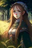 Placeholder: Anime, girl in medieval clothing in large field in the middle of the forest, HD, extreme detail in the face