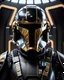 Placeholder: star wars bald male corellian pilot wearing dark gunmetal grey and black First Order special forces TIE pilot armored flightsuit and helmet with gold trim inside the jedi temple, centered head and shoulders portrait, hyperdetailed, dynamic lighting, hyperdetailed background, 8k resolution, volumetric lighting, light skin, fully symmetric details