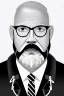 Placeholder: black and white,real estate agent,bald white male with thick grey beard,55 years old,metal wire frame glasses,, necktie,portly,detailed drawing,white background