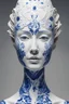 Placeholder: a woman made out of porcelain, in the style of balanced symmetry, white and blue, detailed facial features, organic forms, meticulous portraiture, complex patterns --ar 1:2 --stylize 350 --c 2 --v 6. 0