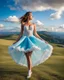 Placeholder: full-body closeup shot of a young, beautiful girl with a perfect face and makeup,wearing pretty dance dress standing in a stage in open air nice hills , blue sky ,pretty clouds at distant