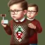 Placeholder: peter billingsley chubby kid with glasses, holding a ((Dark red))soap bar, ((brown))argyle sweater