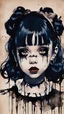 Placeholder: Poster in two gradually, a one side malevolent goth vampire girl face and other side the Singer Melanie Martinez face, full body, painting by Yoji Shinkawa, darkblue and sepia tones,