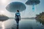 Placeholder: A young woman in an android suit, standing next to a lake, with jellyfish floating through the air.