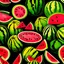 Placeholder: Still life oil painting depicting multiple vibrant watermelons against a dark toned background from a distance. Ripe and juicy, sliced open in several patterns, rich red interior visible, seeds visible, glossy texture, fresh green stems, contrasting bright colors, tropical fruit setting, artistic interpretation, detailed realism, bright colorful palette and paint texture, natural light, high resolution, Showcase texture and detail, by botanical painter. Blurred outlines.Looks delicious. Modifier